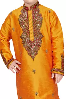 Yellow embroidered art dupion silk boys-kurta-pyjama