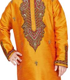 Yellow embroidered art dupion silk boys-kurta-pyjama