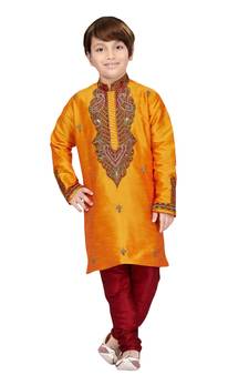 Yellow embroidered art dupion silk boys-kurta-pyjama