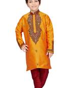 Yellow embroidered art dupion silk boys-kurta-pyjama