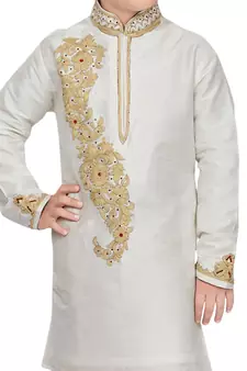 White embroidered art dupion silk boys-kurta-pyjama