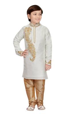 White embroidered art dupion silk boys-kurta-pyjama 1