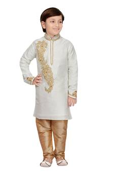 White embroidered art dupion silk boys-kurta-pyjama