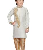 White embroidered art dupion silk boys-kurta-pyjama