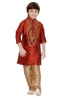 Red embroidered art dupion silk boys-kurta-pyjama
