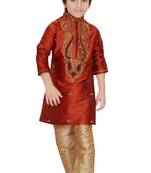 Red embroidered art dupion silk boys-kurta-pyjama
