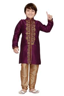 Purple embroidered art dupion silk boys-sherwani