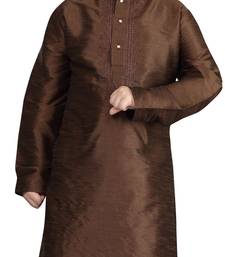 Brown embroidered art dupion silk boys-kurta-pyjama