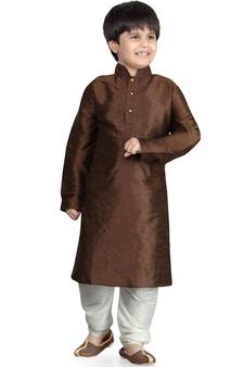 Brown embroidered art dupion silk boys-kurta-pyjama
