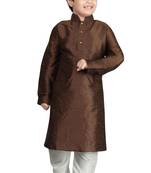 Brown embroidered art dupion silk boys-kurta-pyjama