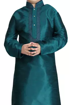 Green embroidered art dupion silk boys-kurta-pyjama