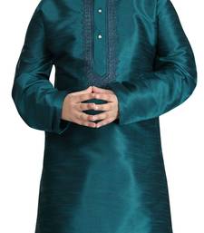 Green embroidered art dupion silk boys-kurta-pyjama