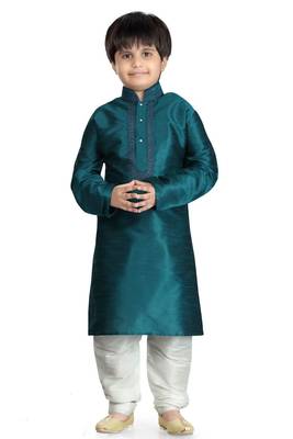 Green embroidered art dupion silk boys-kurta-pyjama 1