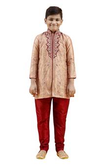 Beige embroidered art dupion silk boys-sherwani
