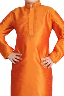 Orange embroidered art dupion silk boys-kurta-pyjama