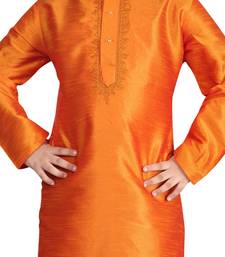 Orange embroidered art dupion silk boys-kurta-pyjama