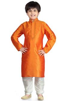 Orange embroidered art dupion silk boys-kurta-pyjama