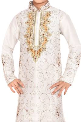 White embroidered art dupion silk boys-kurta-pyjama 2
