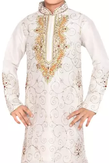 White embroidered art dupion silk boys-kurta-pyjama