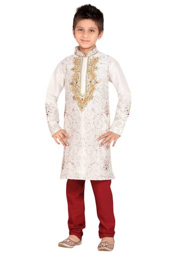 White embroidered art dupion silk boys-kurta-pyjama