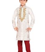 White embroidered art dupion silk boys-kurta-pyjama