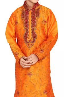 Orange embroidered art dupion silk boys-kurta-pyjama