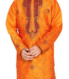 Orange embroidered art dupion silk boys-kurta-pyjama