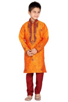 Orange embroidered art dupion silk boys-kurta-pyjama