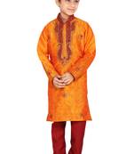 Orange embroidered art dupion silk boys-kurta-pyjama