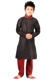 Black plain art dupion silk boys-kurta-pyjama