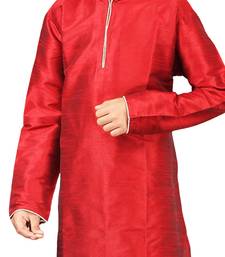 Red plain art dupion silk boys-kurta-pyjama