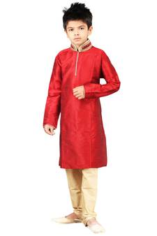 Red plain art dupion silk boys-kurta-pyjama