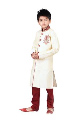 Fawn embroidered art dupion silk boys-sherwani 1