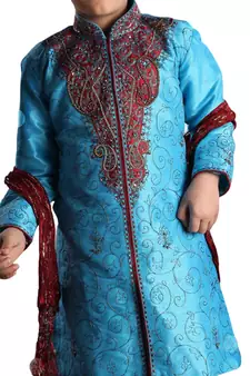 Turquoise embroidered art dupion silk boys-sherwani