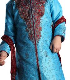 Turquoise embroidered art dupion silk boys-sherwani