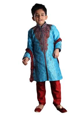 Turquoise embroidered art dupion silk boys-sherwani 1