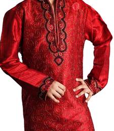 Red embroidered art dupion silk boys-kurta-pyjama