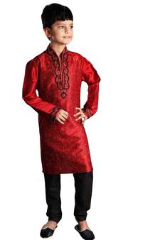 Red embroidered art dupion silk boys-kurta-pyjama