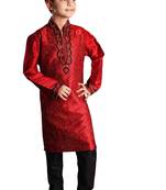 Red embroidered art dupion silk boys-kurta-pyjama