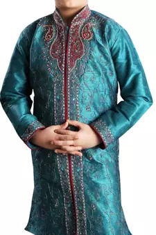 Turquoise embroidered art dupion silk boys-sherwani