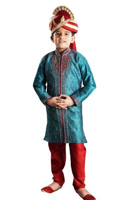 Turquoise embroidered art dupion silk boys-sherwani 1