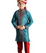 Turquoise embroidered art dupion silk boys-sherwani