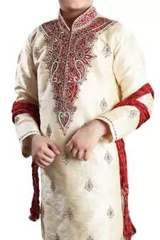 Fawn embroidered art dupion silk boys-kurta-pyjama