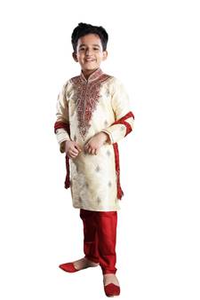 Fawn embroidered art dupion silk boys-kurta-pyjama