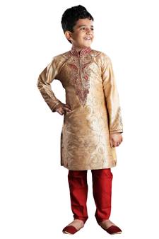 Gold embroidered art dupion silk boys-kurta-pyjama
