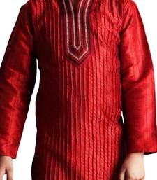 Red embroidered art dupion silk boys-kurta-pyjama
