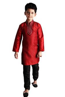 Red embroidered art dupion silk boys-kurta-pyjama