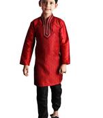 Red embroidered art dupion silk boys-kurta-pyjama