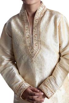 Fawn embroidered art dupion silk boys-kurta-pyjama
