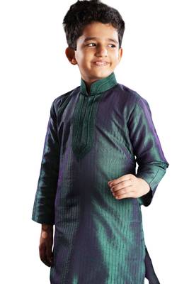 Green embroidered art dupion silk boys-kurta-pyjama 1